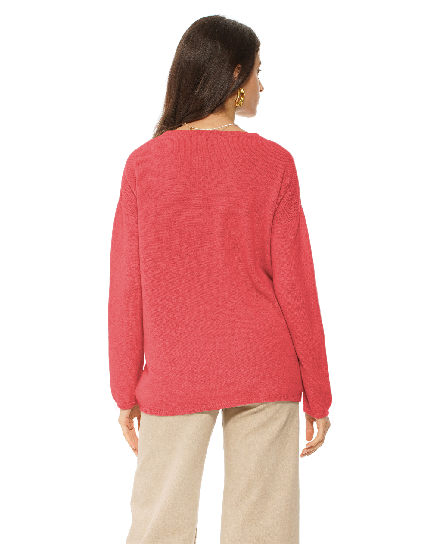 Lightweight Oversized Pure Cashmere Boatneck Sweater Coral Red