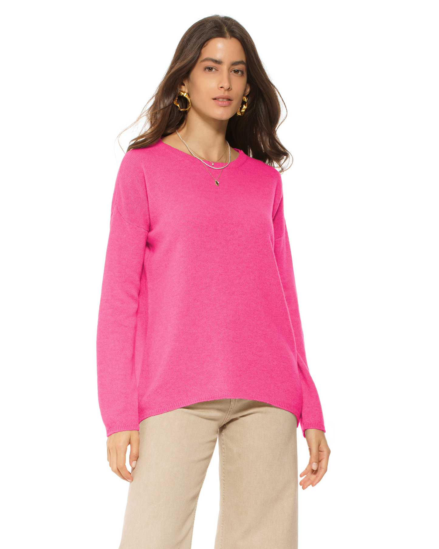 Lightweight Oversized Pure Cashmere Boatneck Sweater Fuchsia