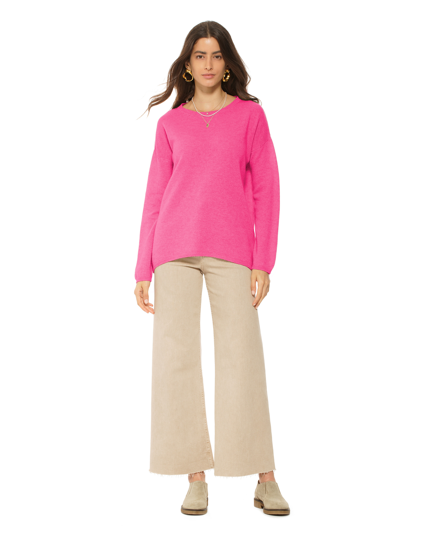 Lightweight Oversized Pure Cashmere Boatneck Sweater Fuchsia