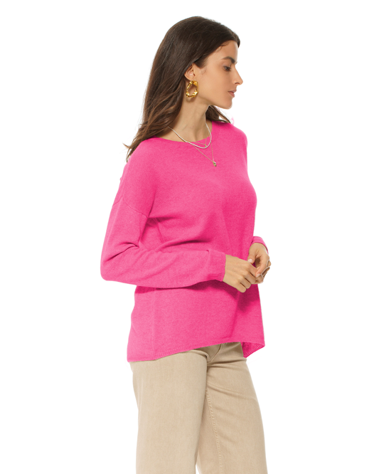 Lightweight Oversized Pure Cashmere Boatneck Sweater Fuchsia