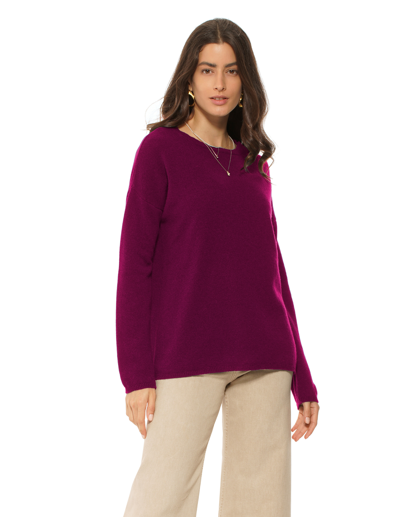 Lightweight Oversized Pure Cashmere Boatneck Sweater Magenta