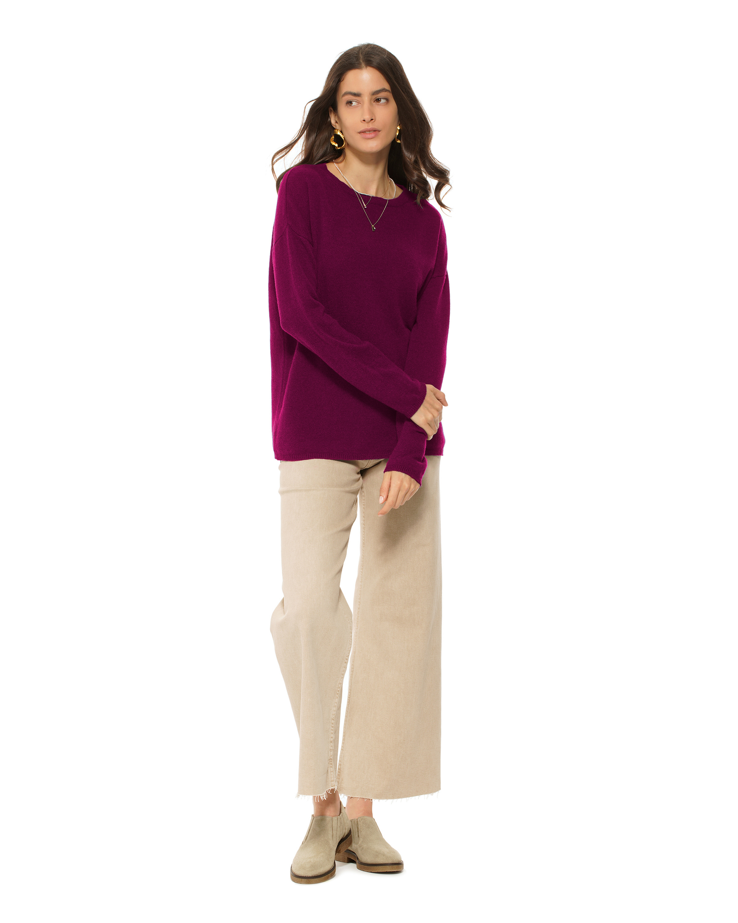 Lightweight Oversized Pure Cashmere Boatneck Sweater Magenta