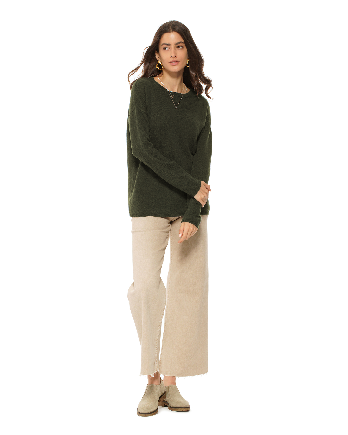 Lightweight Oversized Pure Cashmere Boatneck Sweater Olive Green