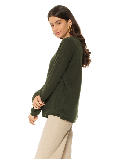 Lightweight Oversized Pure Cashmere Boatneck Sweater Olive Green