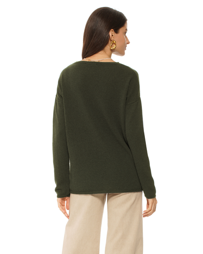 Lightweight Oversized Pure Cashmere Boatneck Sweater Olive Green