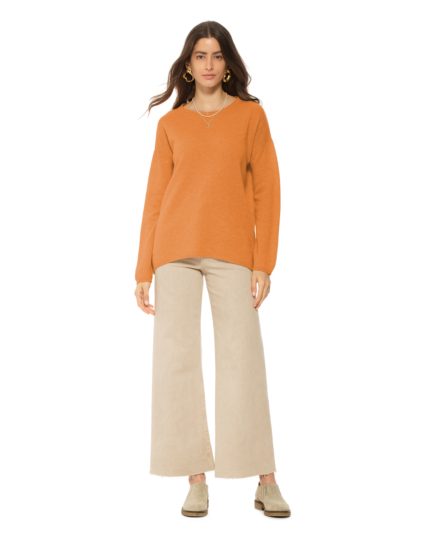 Lightweight Oversized Pure Cashmere Boatneck Sweater Saffron