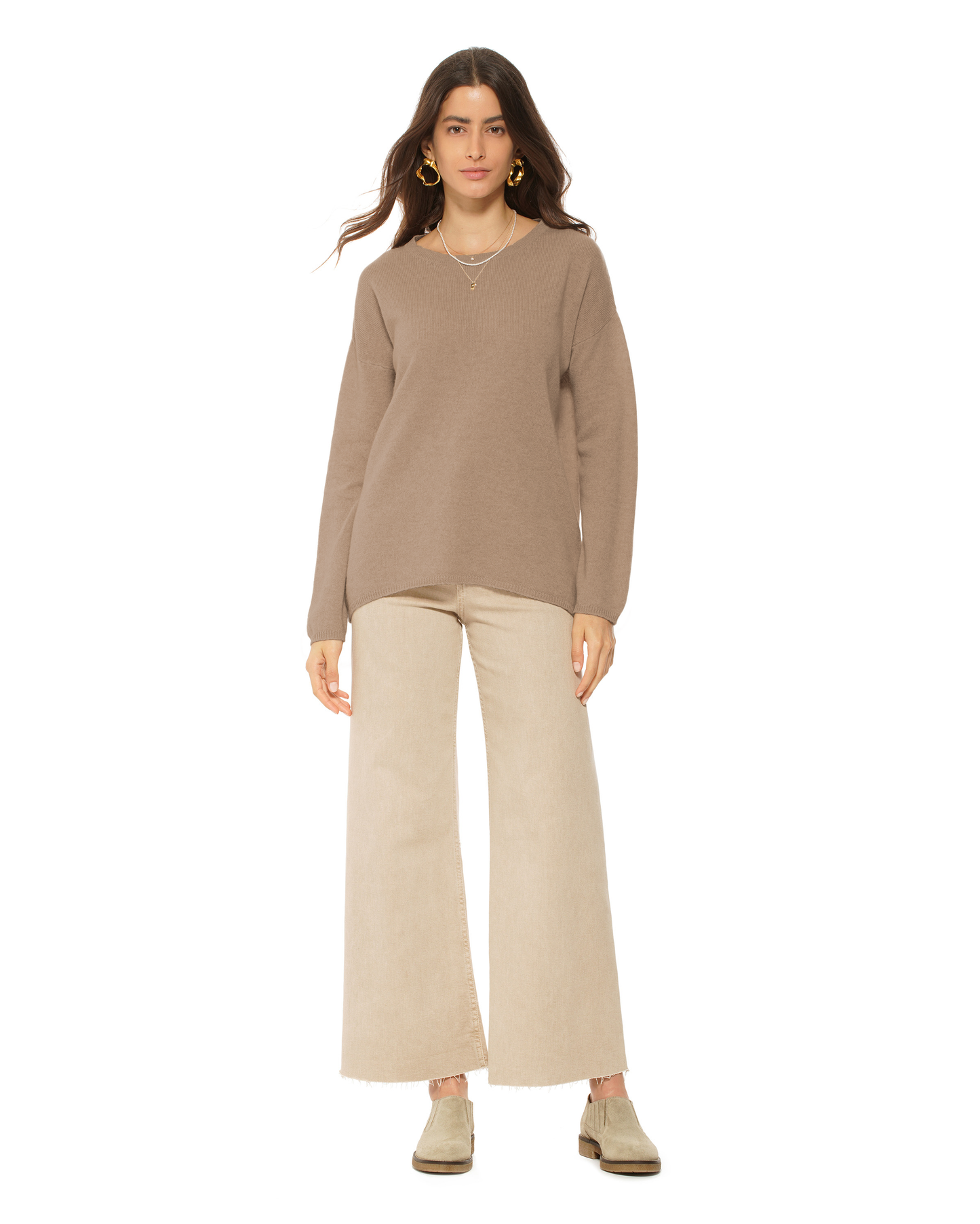 Lightweight Oversized Pure Cashmere Boatneck Sweater Taupe