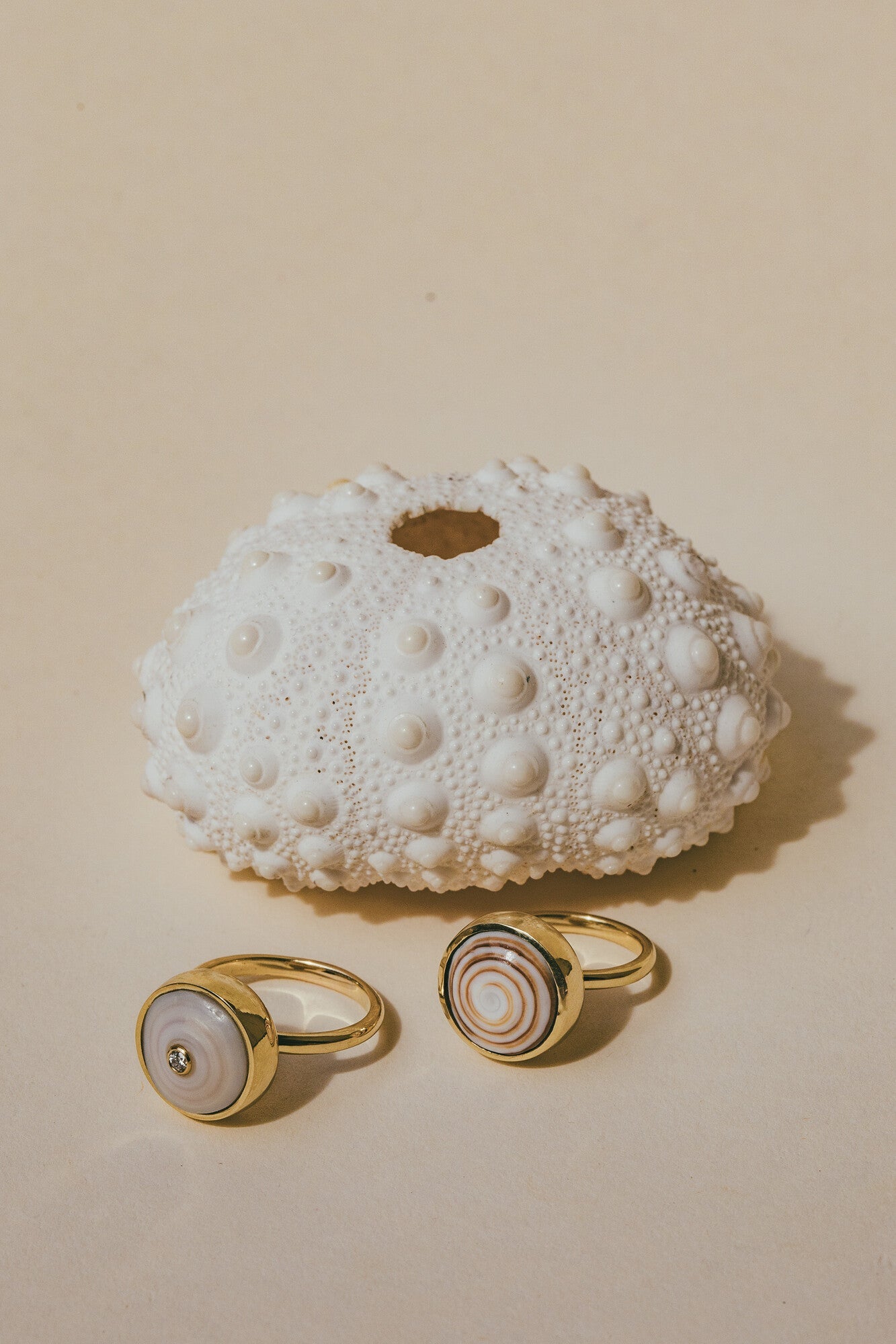 THE PUKA STACKING SWIRL RING-ONE-OF-A-KIND NEXT TO A WHITE SEA SHELL