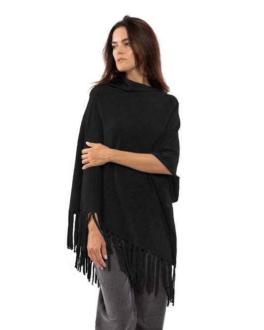 Women's Pure Cashmere Poncho with Fringes Black