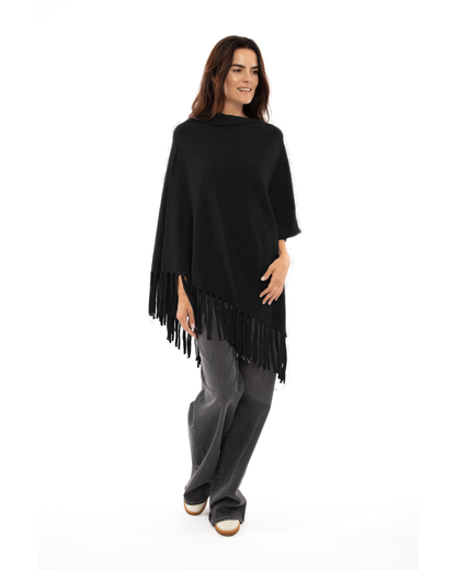 Women's Pure Cashmere Poncho with Fringes Black