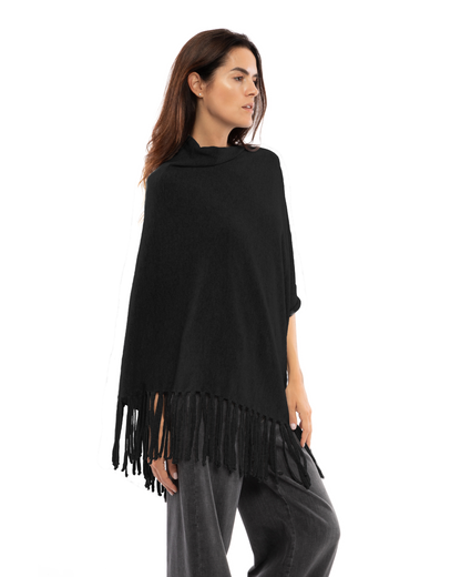 Women's Pure Cashmere Poncho with Fringes Black