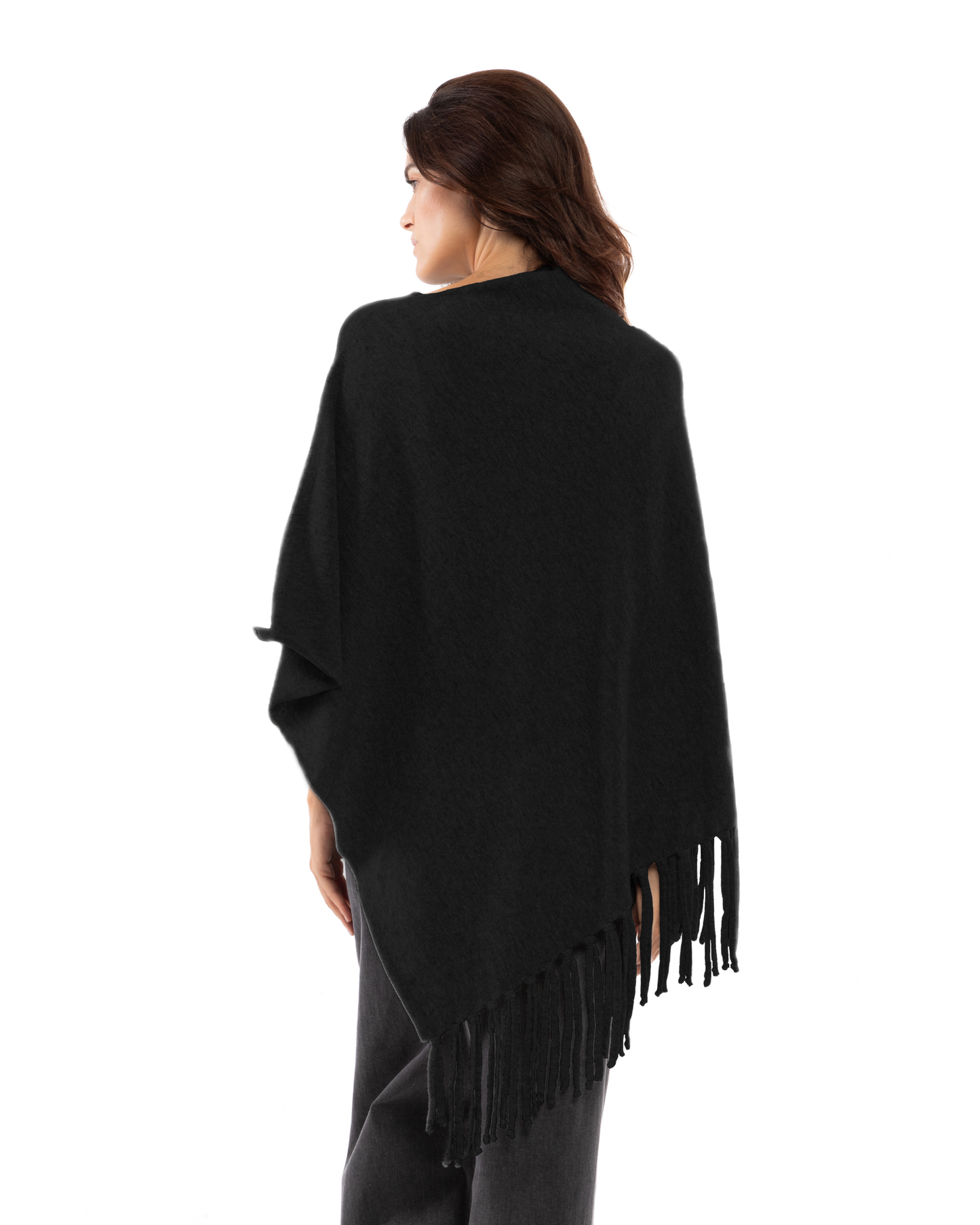 Women's Pure Cashmere Poncho with Fringes Black