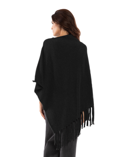 Women's Pure Cashmere Poncho with Fringes Black