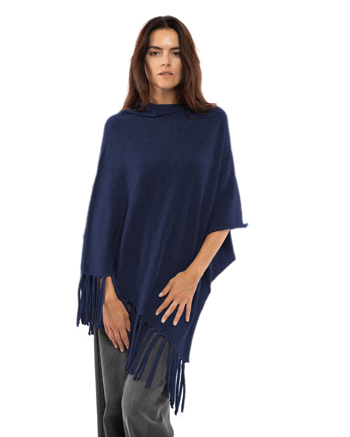 Women's Pure Cashmere Poncho with Fringes Blue