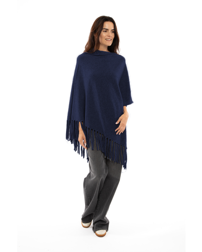 Women's Pure Cashmere Poncho with Fringes Blue