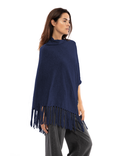 Women's Pure Cashmere Poncho with Fringes Blue