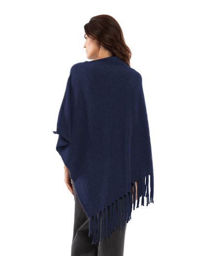 Women's Pure Cashmere Poncho with Fringes Blue