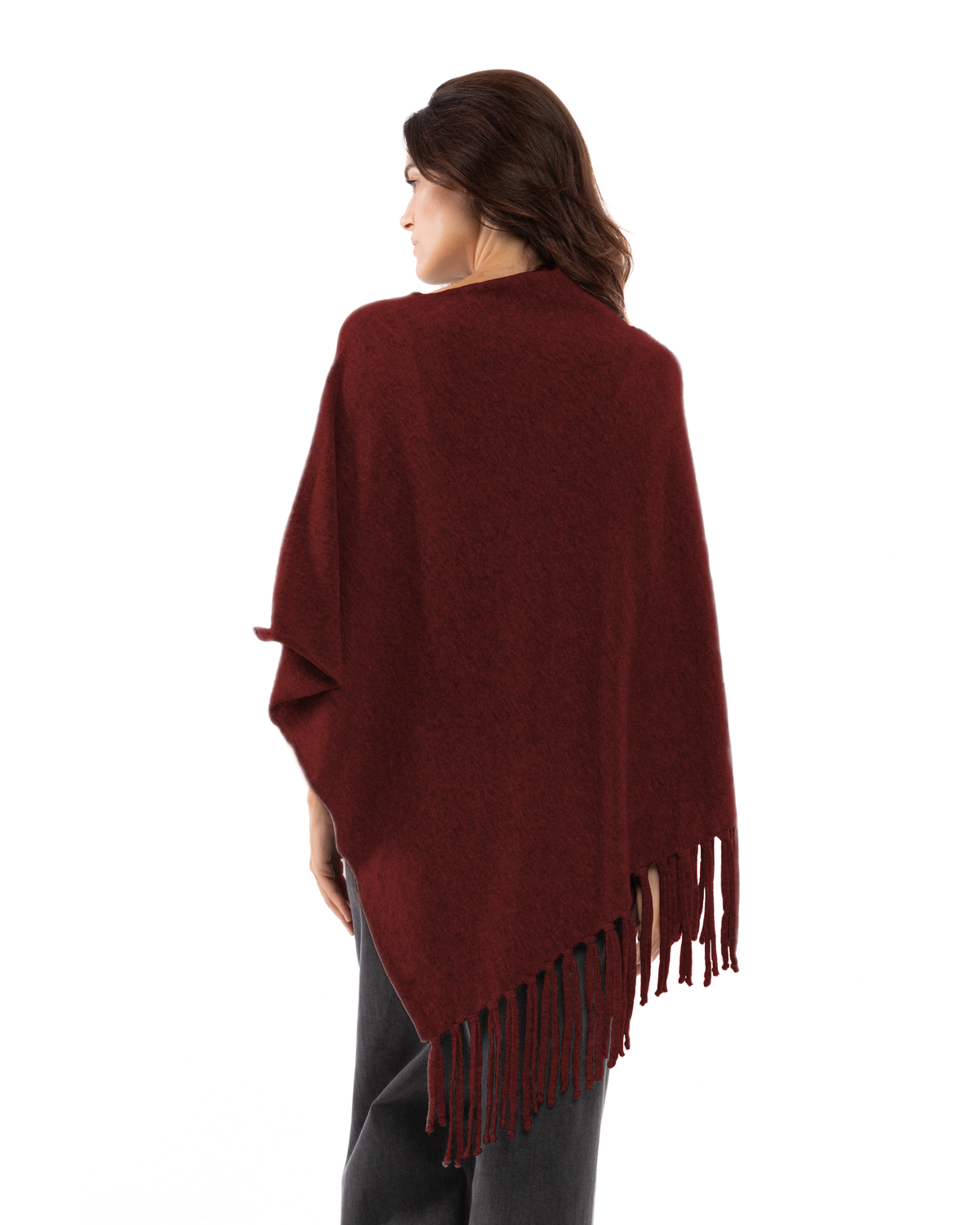 Women's Pure Cashmere Poncho with Fringes Bordeaux