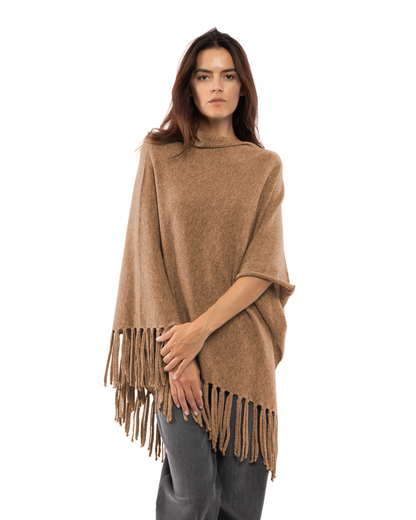 Women's Pure Cashmere Poncho with Fringes Camel