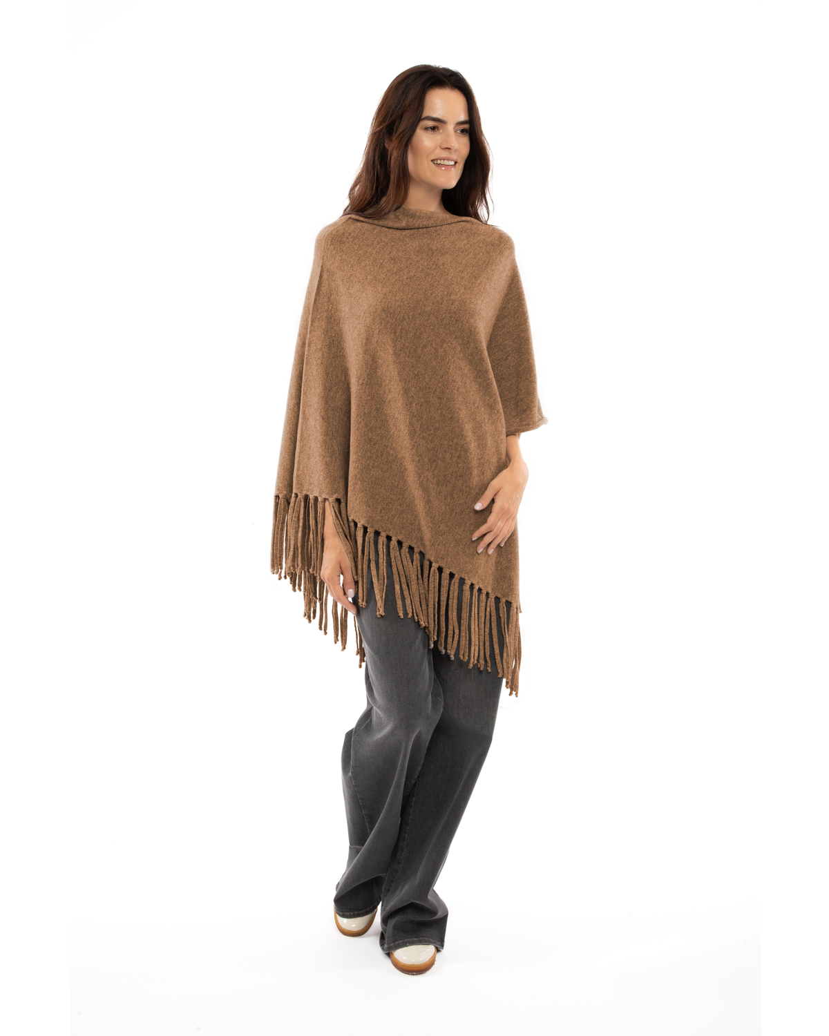 Women's Pure Cashmere Poncho with Fringes Camel