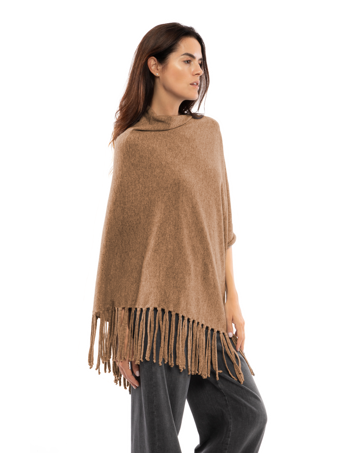 Women's Pure Cashmere Poncho with Fringes Camel