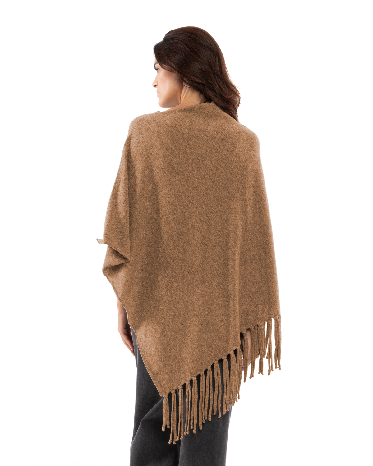 Women's Pure Cashmere Poncho with Fringes Camel