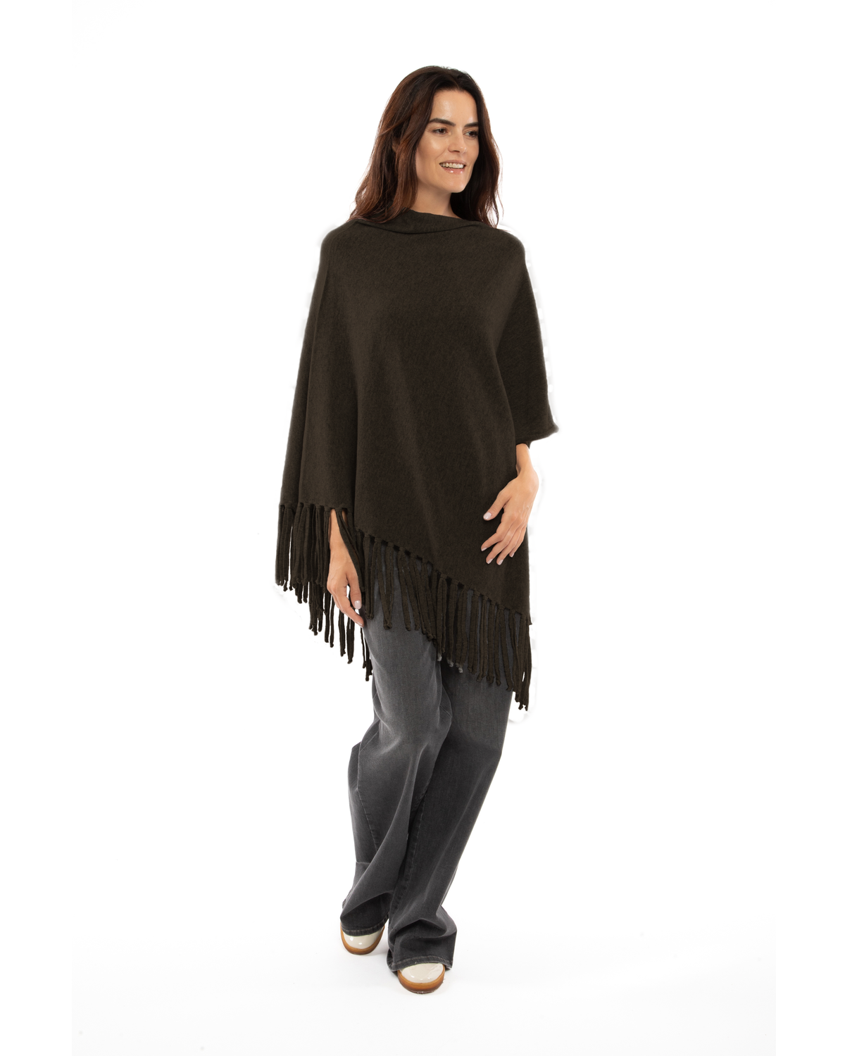 Women's Pure Cashmere Poncho with Fringes Coffee
