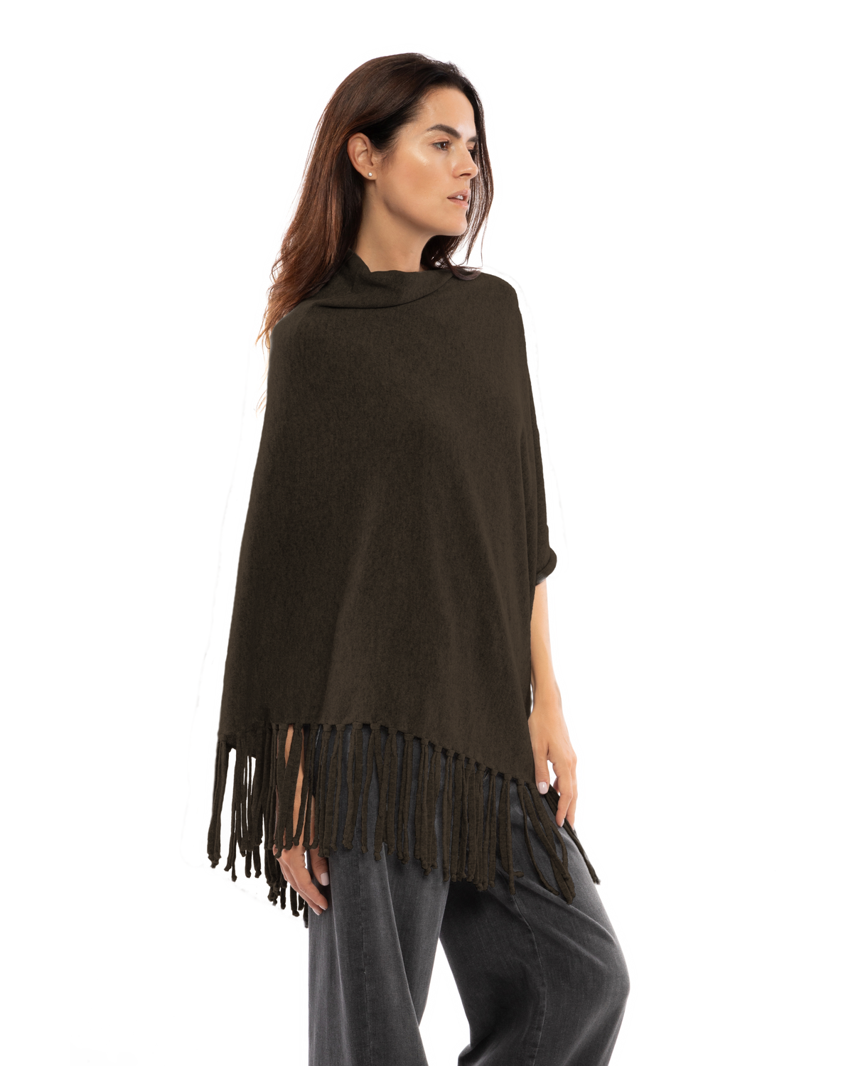 Women's Pure Cashmere Poncho with Fringes Coffee