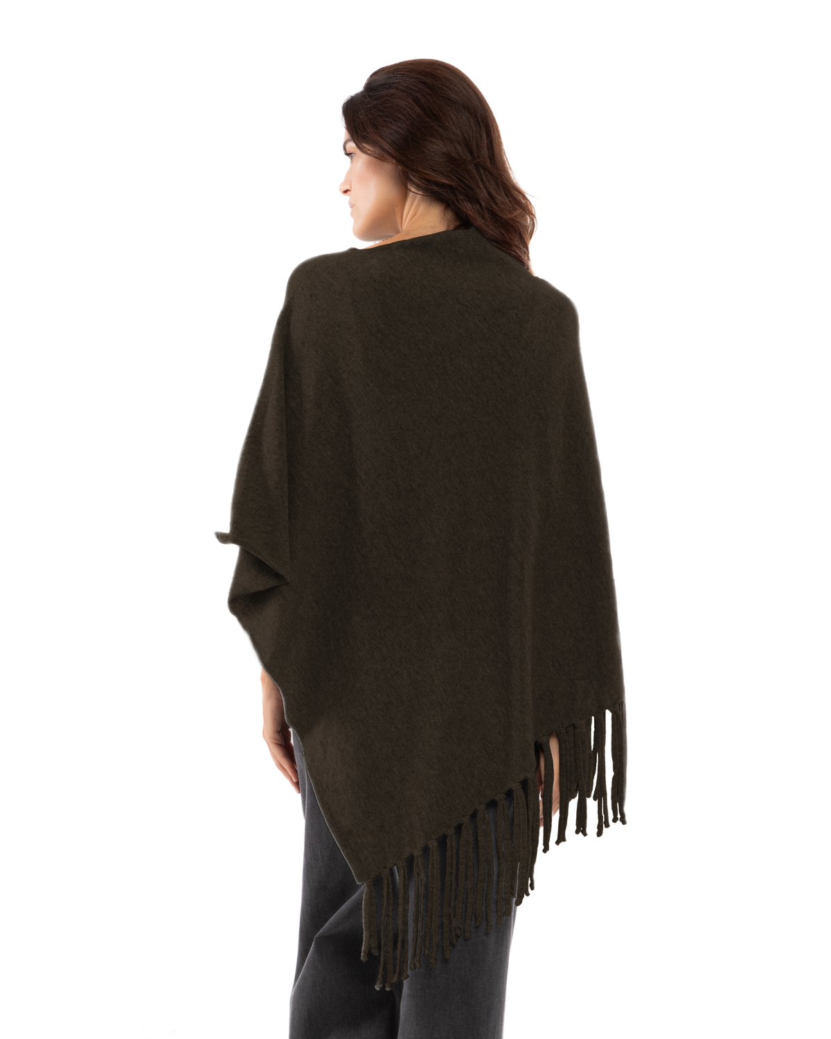 Women's Pure Cashmere Poncho with Fringes Coffee