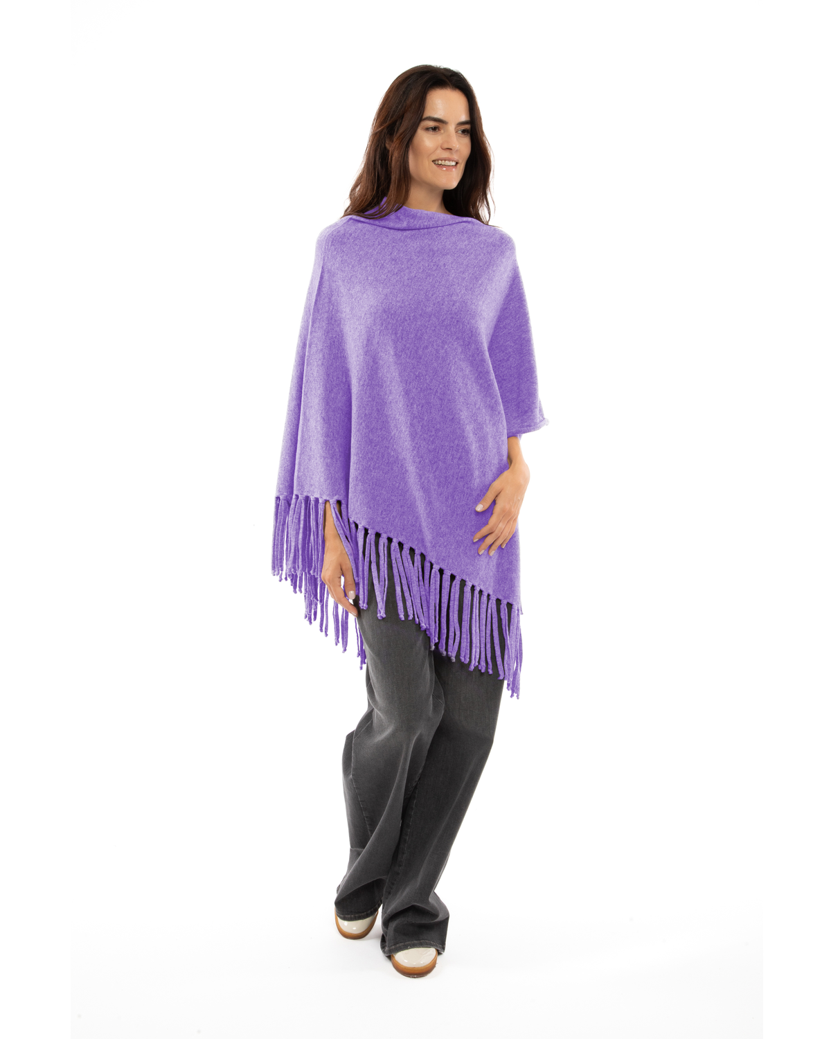 Women's Pure Cashmere Poncho with Fringes Iris Purple