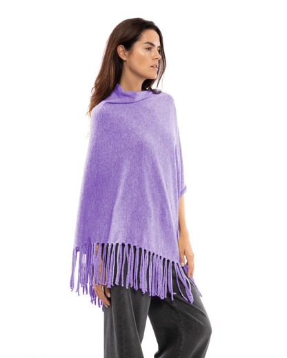 Women's Pure Cashmere Poncho with Fringes Iris Purple