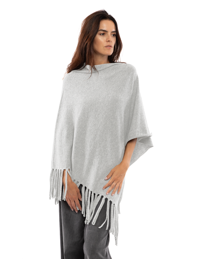 Women's Pure Cashmere Poncho with Fringes Light Gray