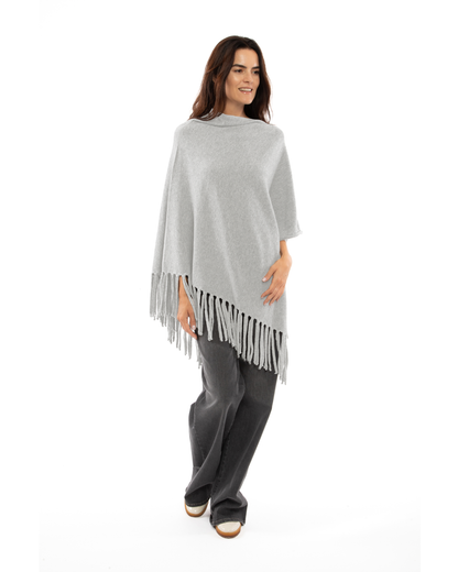Women's Pure Cashmere Poncho with Fringes Light Gray