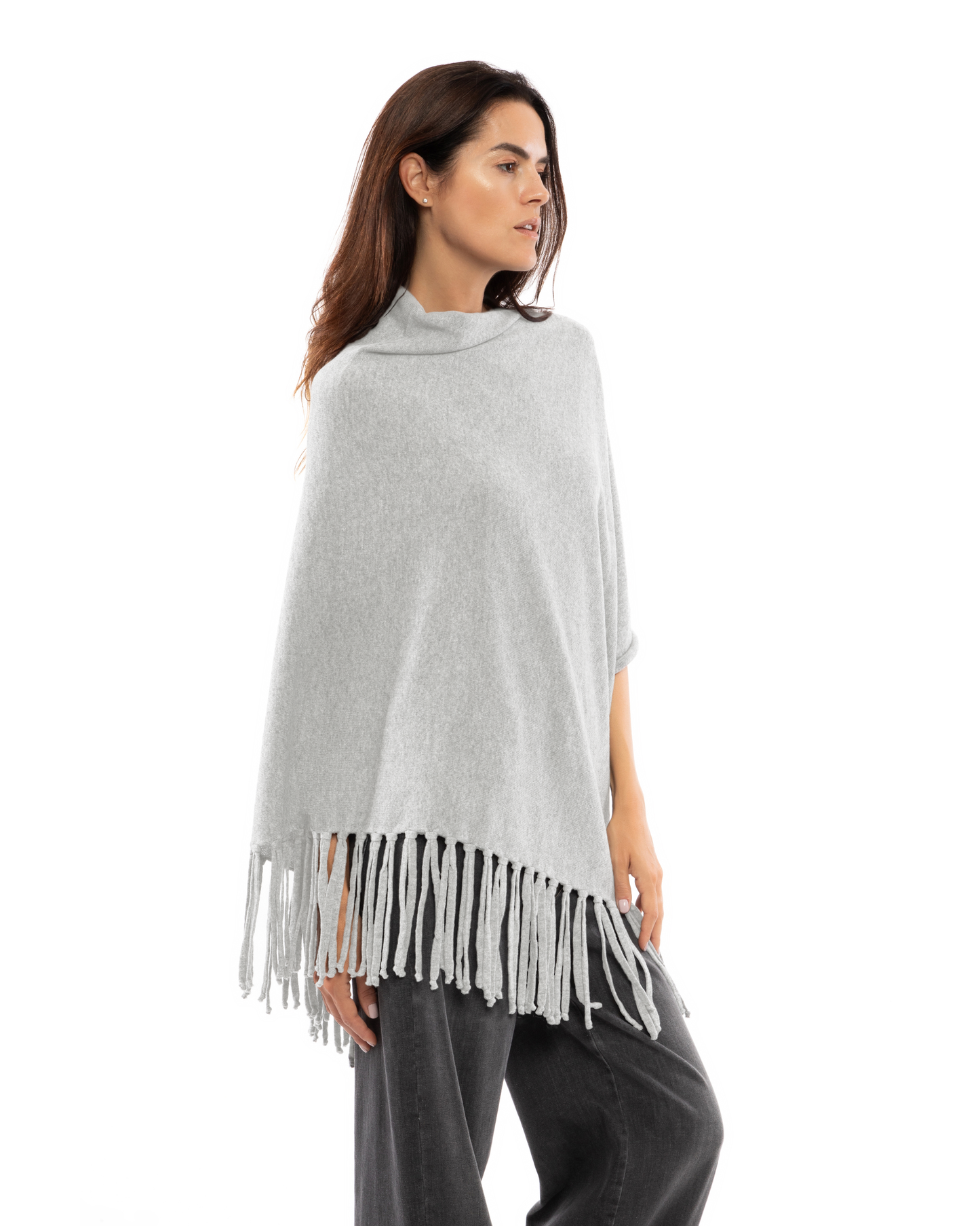 Women's Pure Cashmere Poncho with Fringes Light Gray