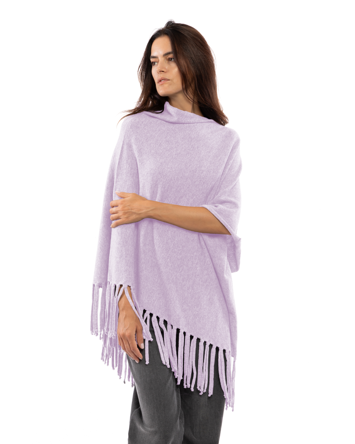 Women's Pure Cashmere Poncho with Fringes Lilac