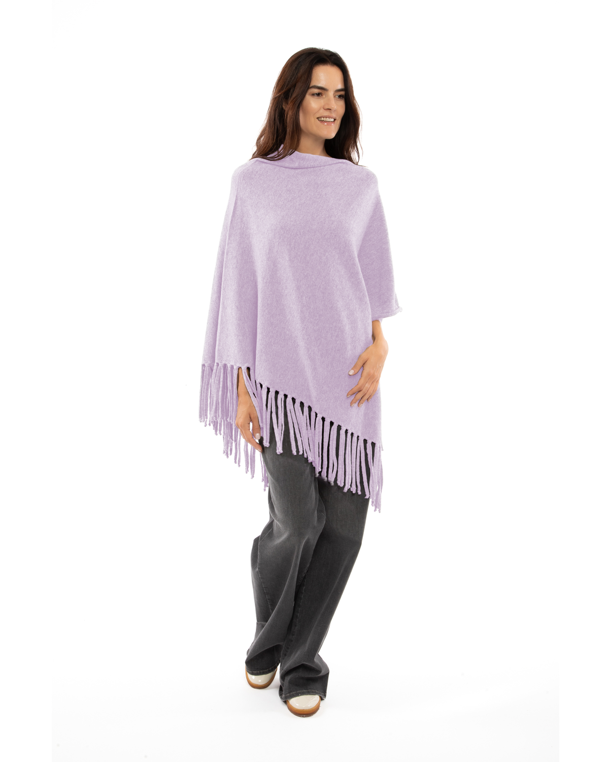 Women's Pure Cashmere Poncho with Fringes Lilac