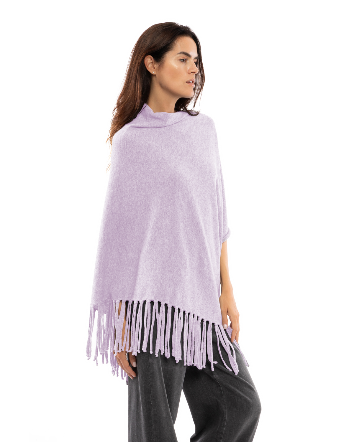 Women's Pure Cashmere Poncho with Fringes Lilac