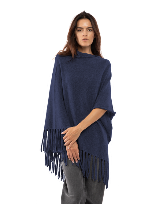 Women's Pure Cashmere Poncho with Fringes Melange Blue