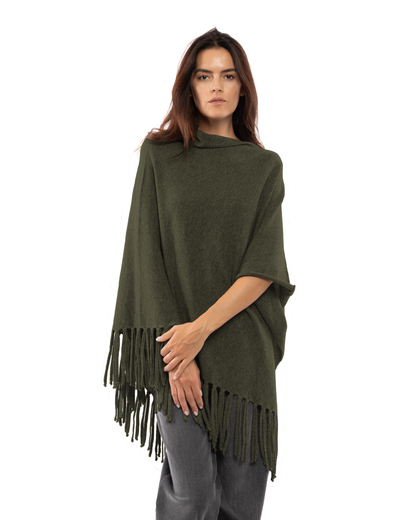 Women's Pure Cashmere Poncho with Fringes Olive Green