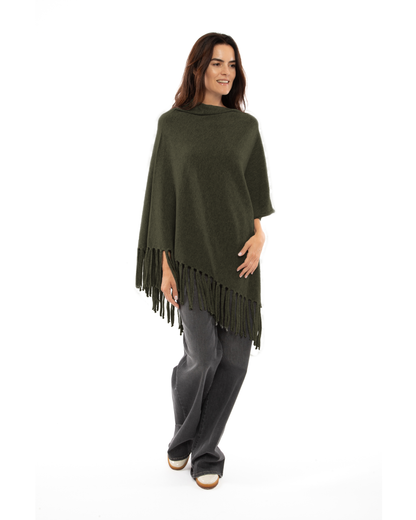 Women's Pure Cashmere Poncho with Fringes Olive Green