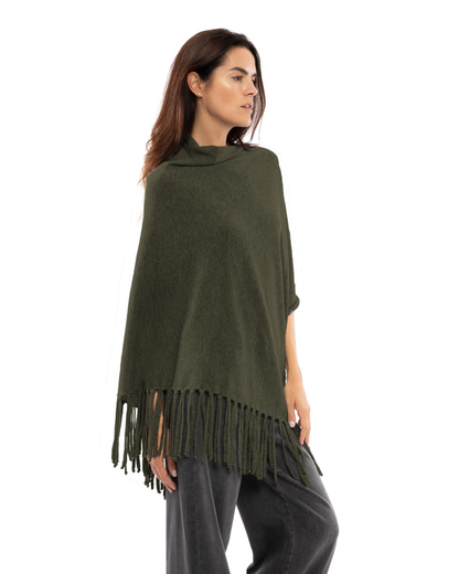 Women's Pure Cashmere Poncho with Fringes Olive Green