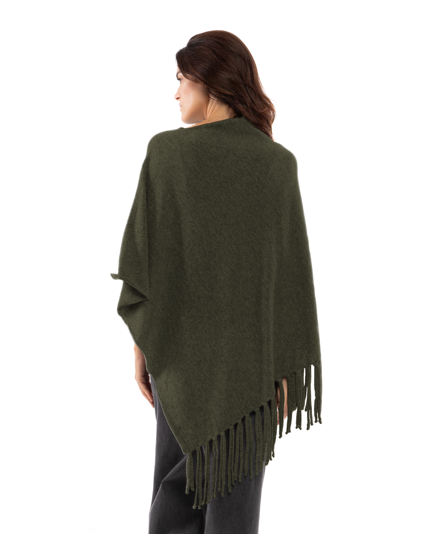 Women's Pure Cashmere Poncho with Fringes Olive Green