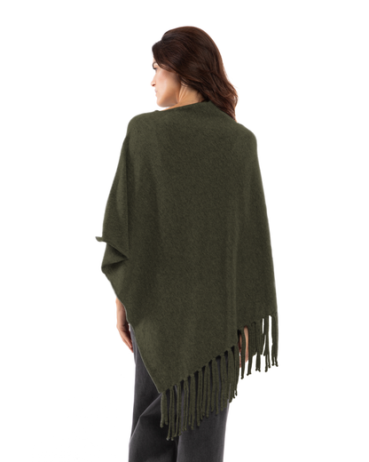 Women's Pure Cashmere Poncho with Fringes Olive Green