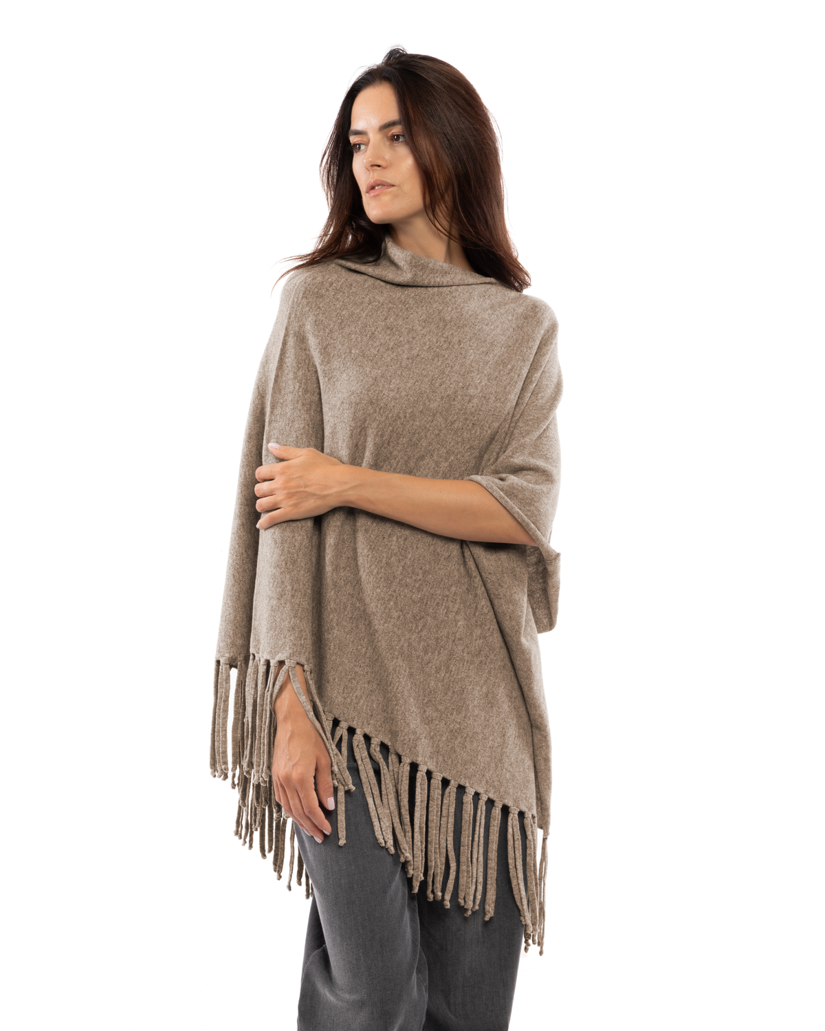 Women's Pure Cashmere Poncho with Fringes Taupe