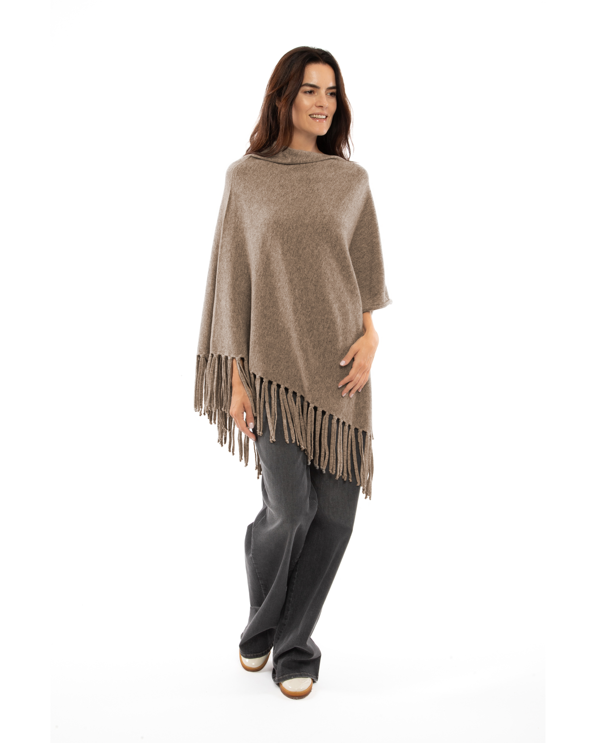 Women's Pure Cashmere Poncho with Fringes Taupe