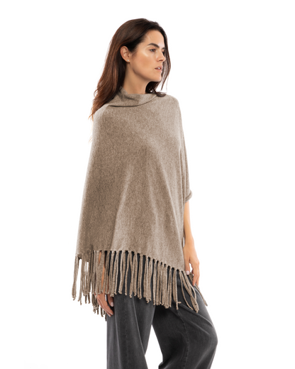 Women's Pure Cashmere Poncho with Fringes Taupe
