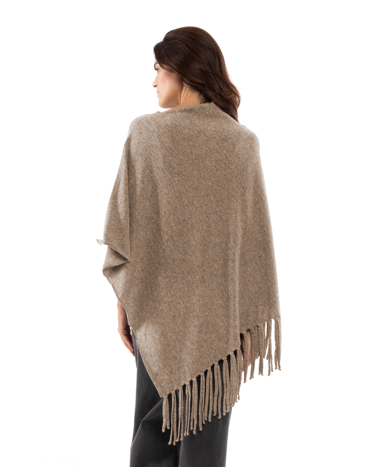 Women's Pure Cashmere Poncho with Fringes Taupe