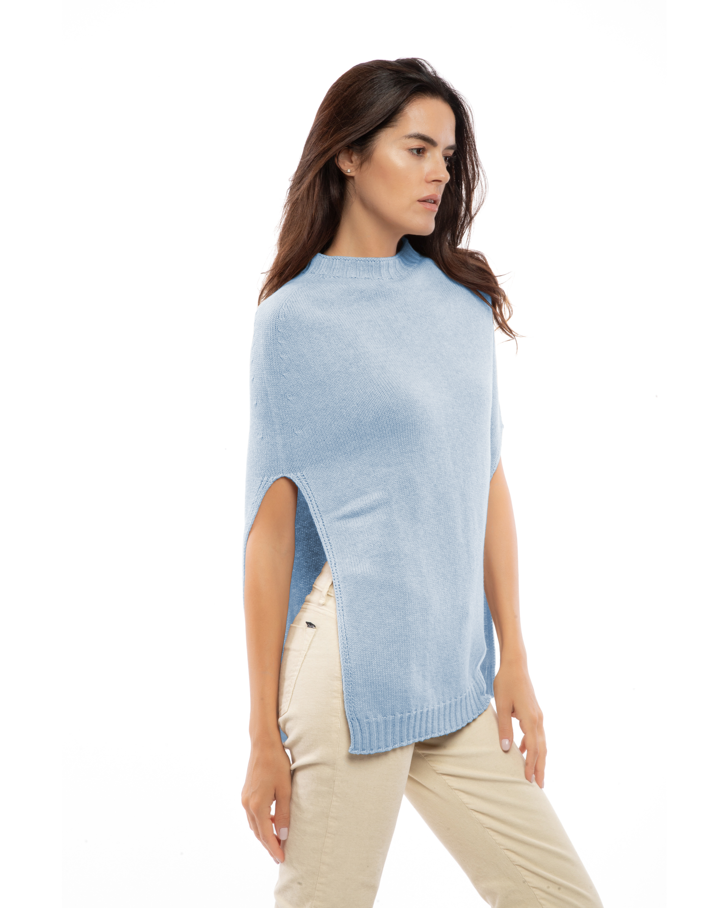 Women's Pure Cashmere Crew Neck Poncho Baby Blue
