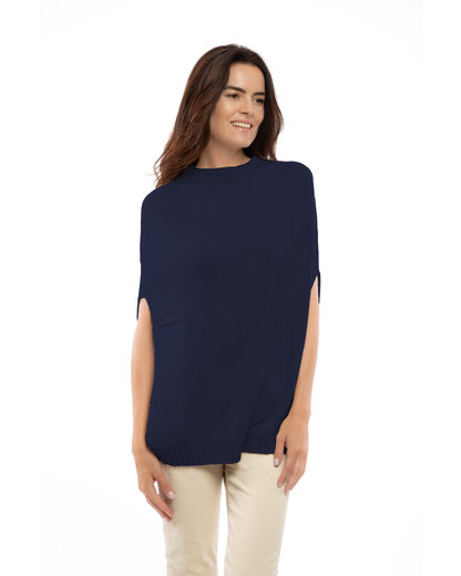 Women's Pure Cashmere Crew Neck Poncho Blue