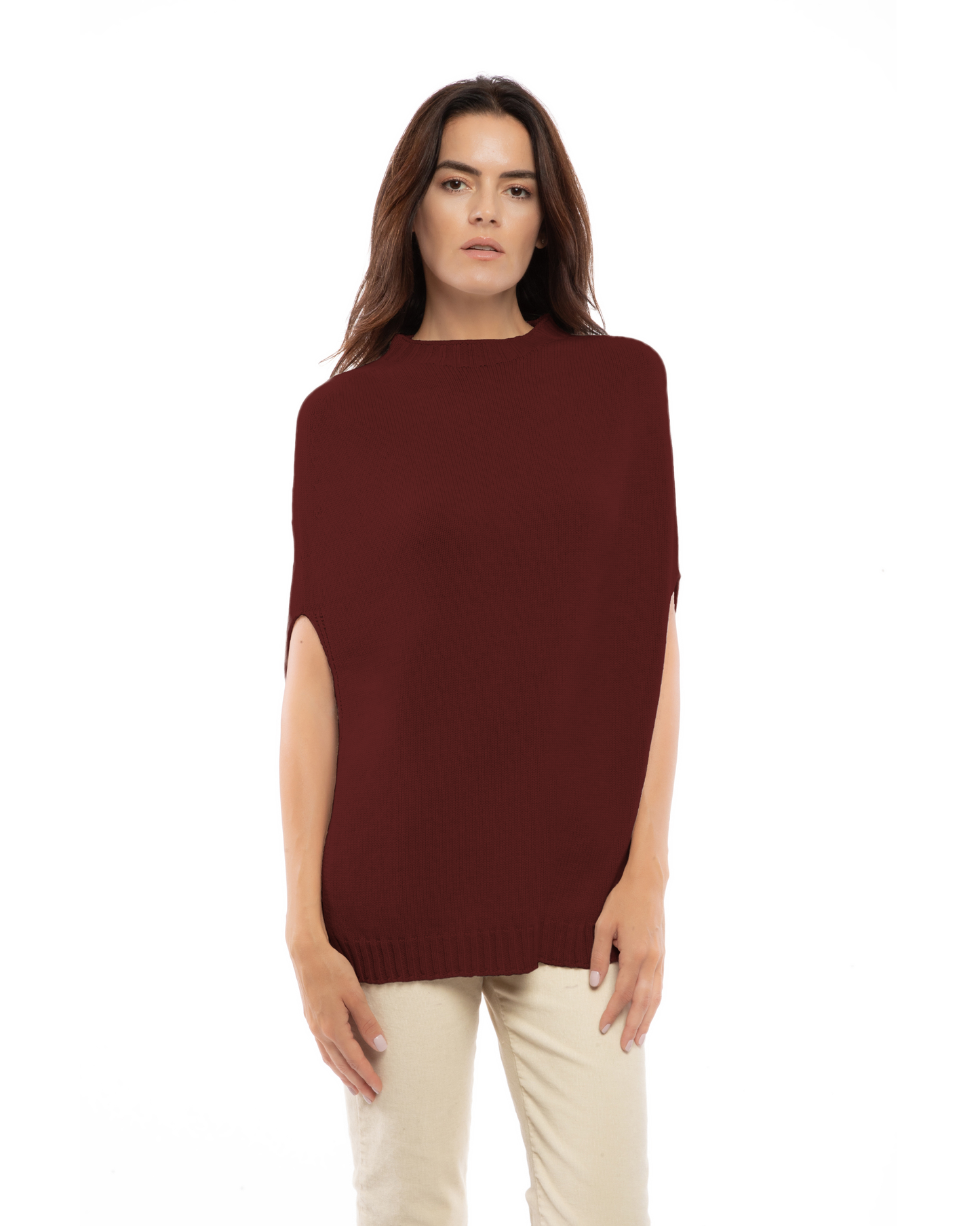 Women's Pure Cashmere Crew Neck Poncho Bordeaux